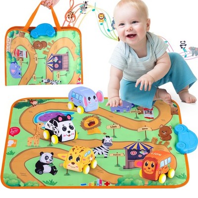 New Pull Back Vehicle & Music Mat Set, Soft Baby Toy Set with 4 Cute Animal C...