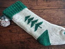 The Farmhouse RACHEL ASHWELL BEIGE GREEN TREE Chunky Knit STOCKING with POMPOMS