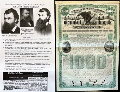 CIVIL WAR GENERAL COLONEL CHIEF MILITARY RAILROADS DEVEREUX BOND DOCUMENT SIGNED