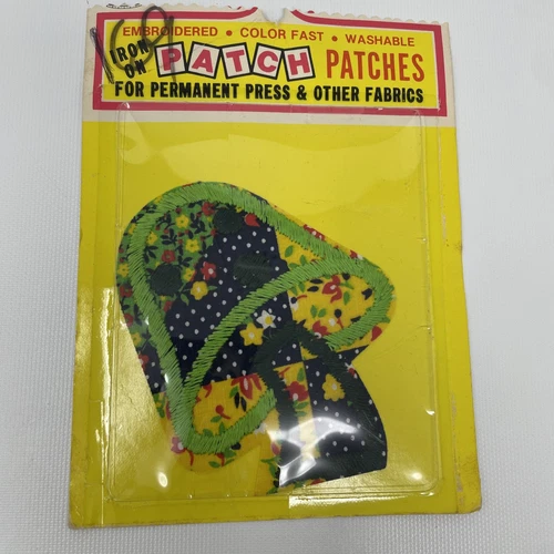 NOS Vintage 1970s Pen Iron On Patch Mushroom Hippy EmbroideredBlue Yellow Green