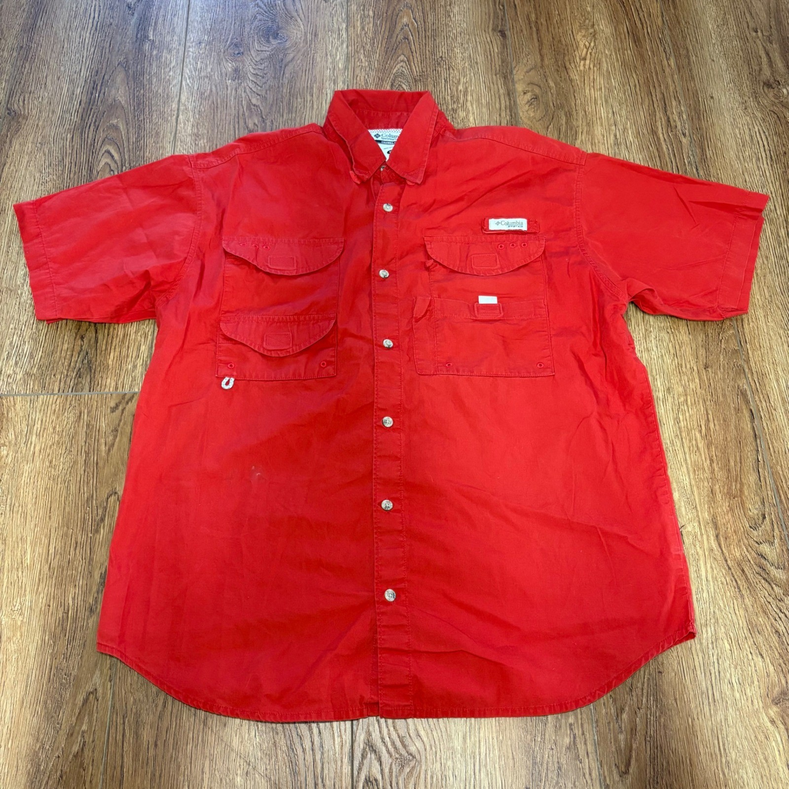 Columbia Mens Medium Short Sleeve Shirt PFG Fishing Vented Red Outdoors Cotton