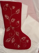 Max Studio EMBROIDERED POINSETTIA STOCKING Christmas Green Gold Holiday NEW 22"
