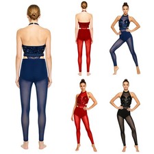Women Leotard Sequin Dance Costume Skating Jumpsuit Mesh Bodysuit Dance Wear
