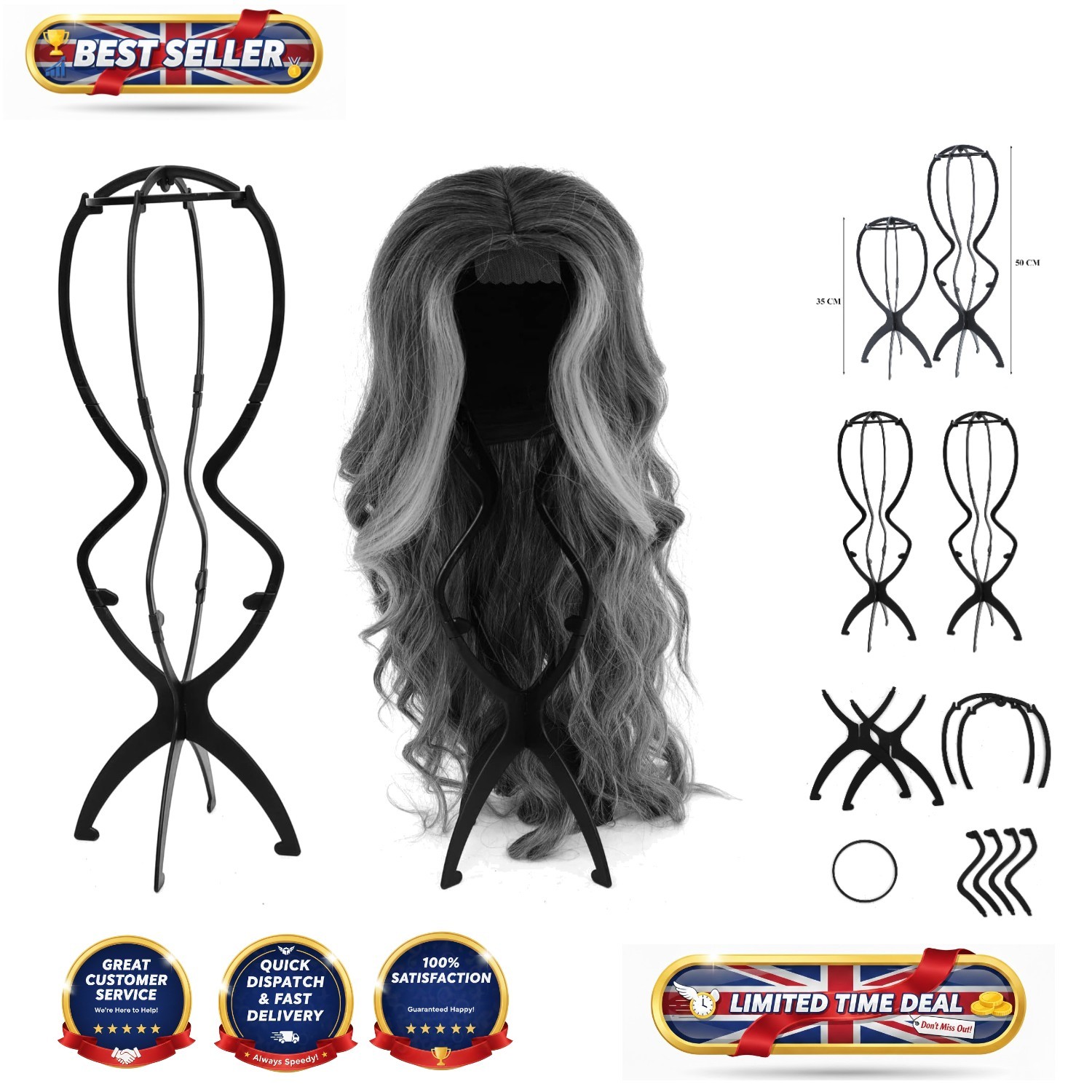 Effortless Storage Solution: 2 Tall Black Wig Stands, 50 CM - Travel-Ready