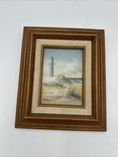 VTG original oil painting 5” X 7” light house beach framed signed Frame 10x12