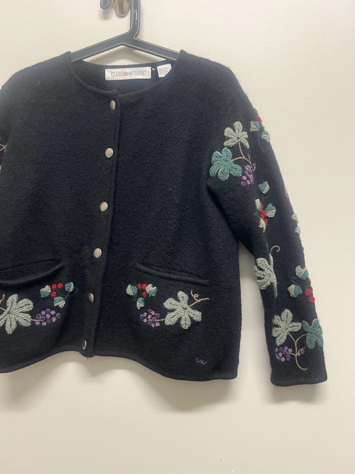 Cárdigan Suéter Vintage Negro Mujer 3G Floral Bordado Granny Core Talla M Foto 4 de 4