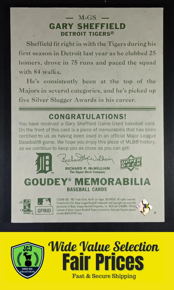 2008 Upper Deck Goudey Memorabilia #M-GS Gary Sheffield - Detroit Tigers - Image 2 of 2