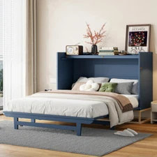 Queen Size Murphy Bed Wood Wall Bed Frame w/ Iron Legs Modern Design Cabinet Bed