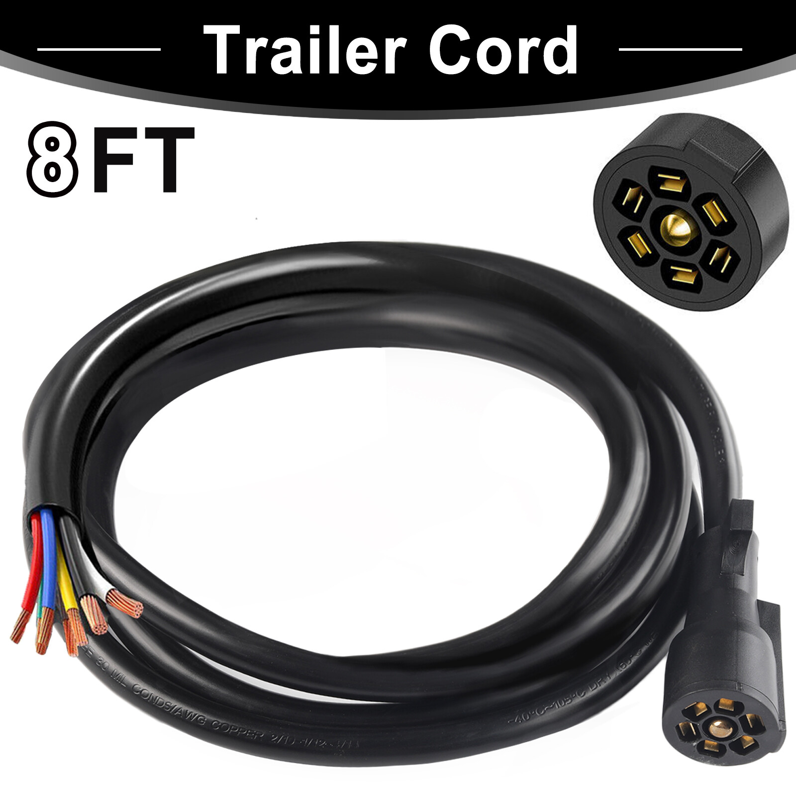 7Way 8 Feet Trailer Plug Wire Inline Cord Harness Cable Double Prongs