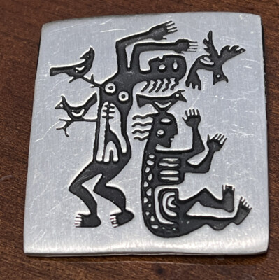 ALICE SEELEY Pewter Petroglyph Native Urban Tribal PIN BROOCH 2000 Signed Vtg Sq
