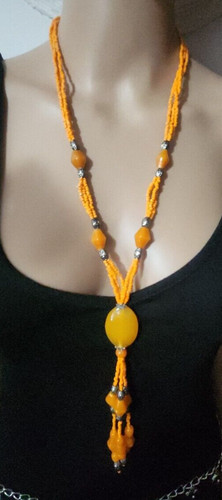 Orange Glass Bead and Seed Bead Tassel Necklace
