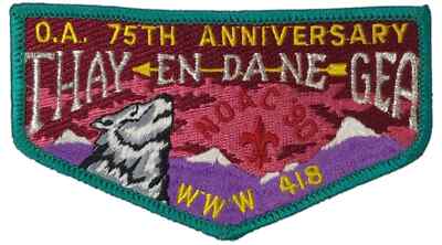 BOY SCOUT OA THAY-EN-DA-NE-GEA LODGE 418 NOAC 1990 75TH ANNIVERSARY WOLF FLAP