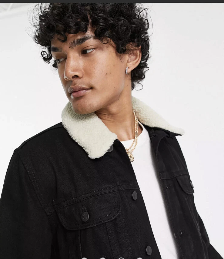 Mens ASOS DESIGNS denim jacket detachable collar in black Size L