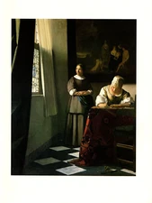 1981 Vintage VERMEER "LADY WRITING A LETTER W/ HER MAID" COLOR offset Lithograph