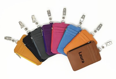 Leather Zipper Vertical ID Badge Holder 4 card slots with Personalized Engraving
