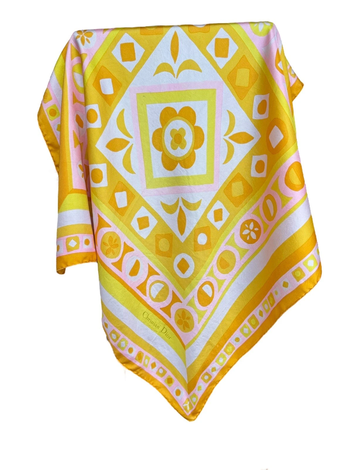 Foulard vintage 1980 Christian Dior 100% soie orange jaune rose pastel roulé main