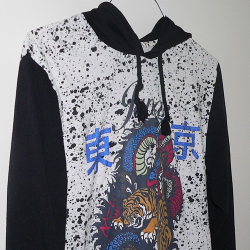 ROLLING PAPER PULLOVER HOODIE Sz L BLACK WHITE PAINT SPLATTER SKATE TIGER DRAGON - Picture 6 of 13