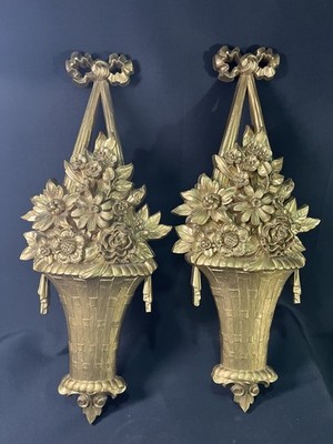 Vtg Pair Syroco Wall Plaques Basket with Flowers Bows Gold 20'' USA 1964