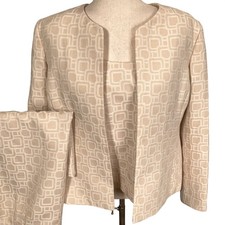 Kasper Skirt Suit 3Pc Set Womens 14P Champange Beige Geometric Tonal Jacquard