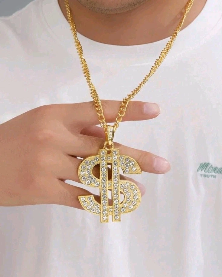 1 pz Collana lunga con pendente di lusso. Moda Vips Simbolo $. Colore ARGENTO  - Immagine 3 di 3