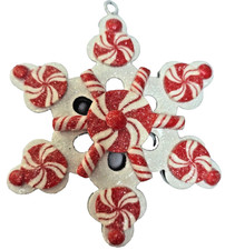 Peppermint Candy Stripe Snowflake Christmas Tree Ornament 5" dia Red  White