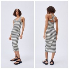 Zara Black White Striped Midi Dress Crossback Scoop Neck Size Small