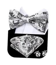  Bow Ties for Men Pre-Tied Pocket Square with Cufflinks Mens Black Grey Floral