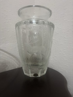 Moser Czech Clear Art Glass Vase Etched Horse Decorative Pattern