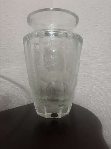 Moser Czech Clear Art Glass Vase Etched Horse Decorative Pattern