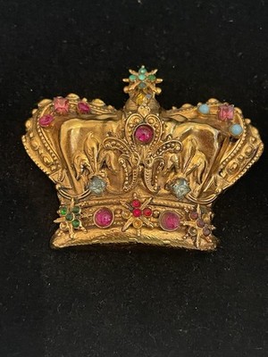 Vintage Repousse Gold Tone CROWN Pin Brooch Pink Red Green Stones Ornate Design