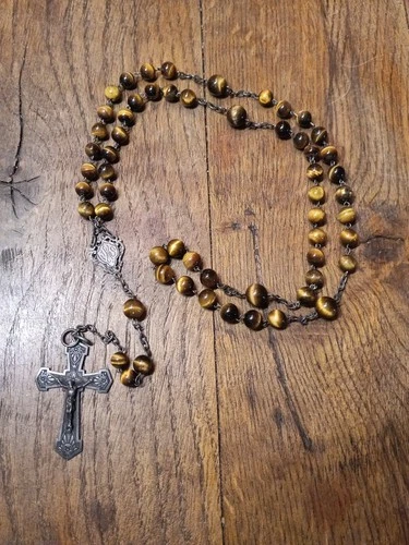Antique Silver Rosary and Stone Beads Tiger Oil, Antique Rosary