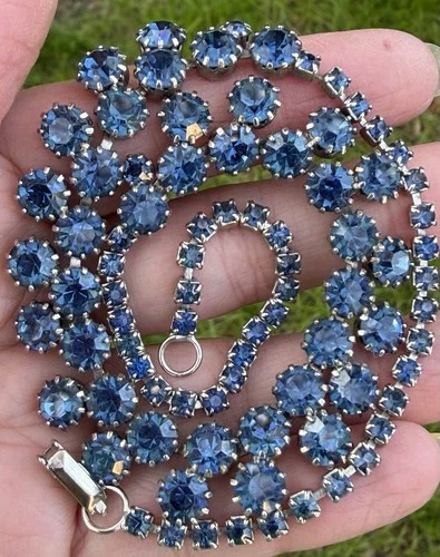 WEISS signed vintage blue Rhinestone necklace costume Jewelry