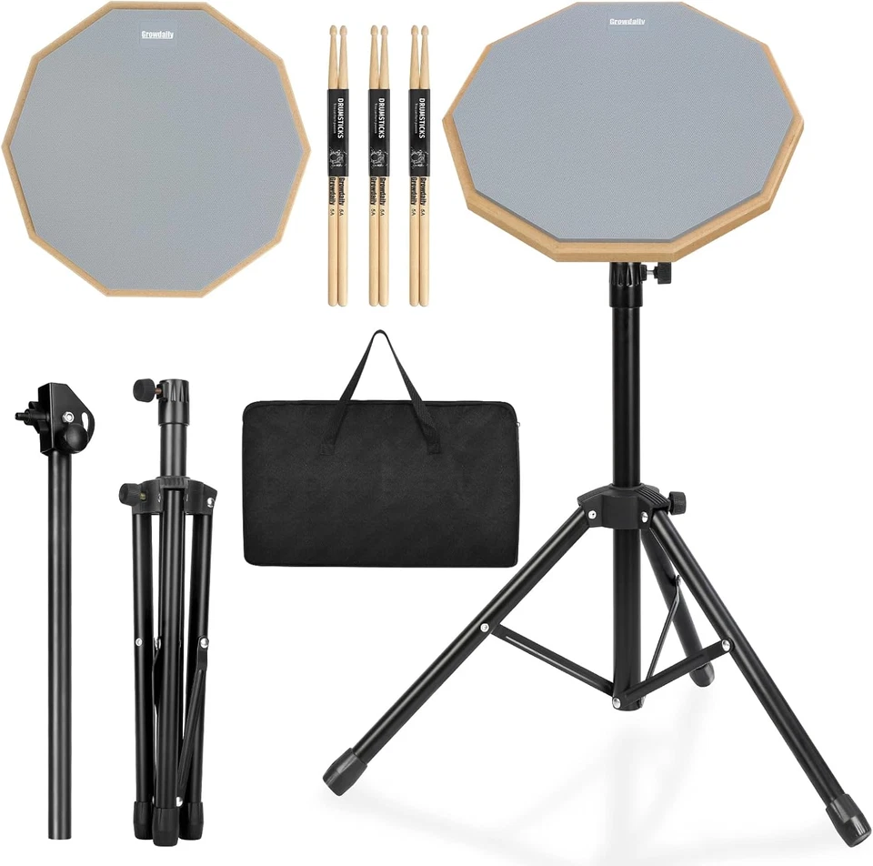 GROWDAILY Drum Practice Pad Snare Drum Stand Set 12 in with Double Sided Silent Drum Pad,