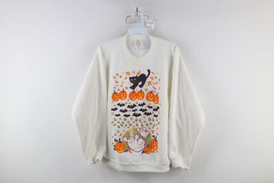 Vintage 90s Womens Large Distressed Halloween Pumpkin Ghost Cat Sweatshirt USA