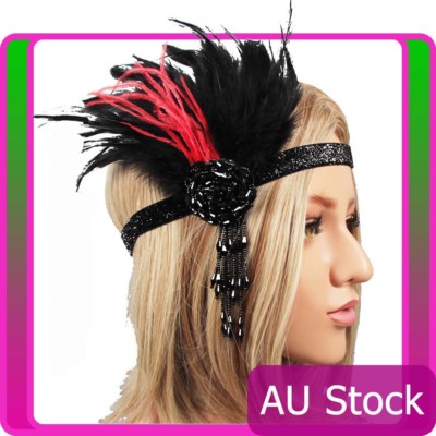 1920s Headband Black Feather Bridal Great Gatsby 20s Flapper Headpiece Gangster