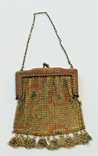 Small Antique 1920's Art Deco Metal Mesh Dresden Embossed Enameled Frame Purse