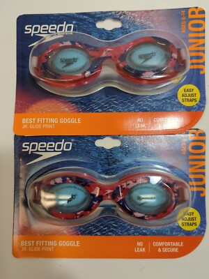 2 pack Speedo Jr. Glide Print SwimGoggles - Ages 6 -14 Red/White/Blue - Sealed