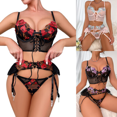 Women's Sexy Lingerie Lace Babydoll Bra Thong Set Sleepwear Underwear Nightwear