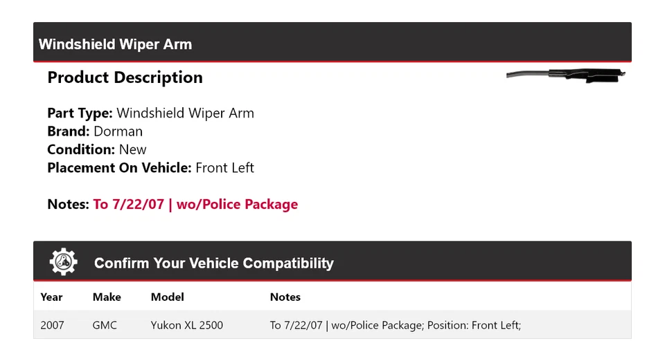 For 2007 GMC Yukon XL 2500 Dorman Windshield Wiper Arm Front Left - Image 2 of 4