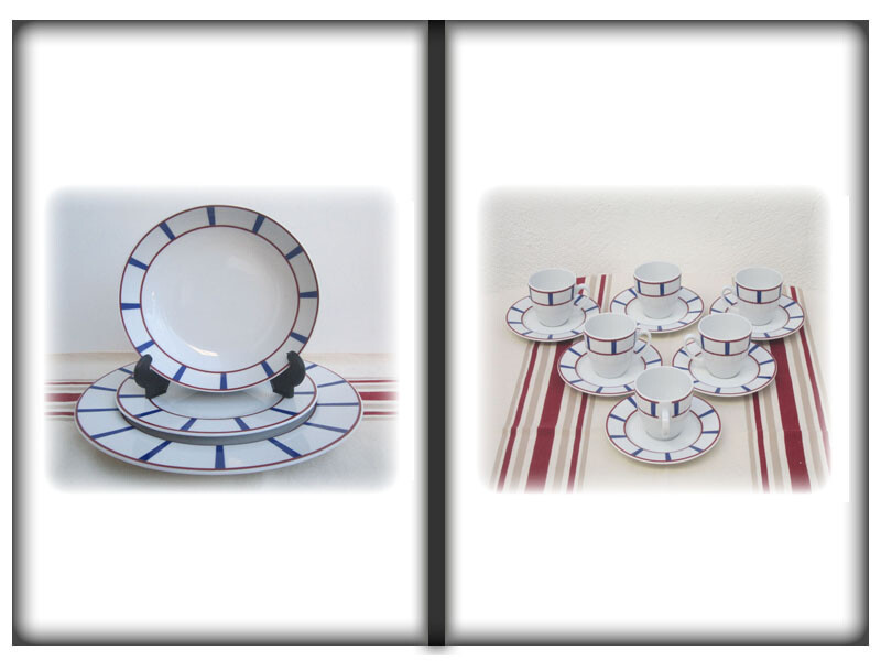 Service vaisselle basque porcelaine bleu et rouge coffret cadeau idéal mariage et crémaillère