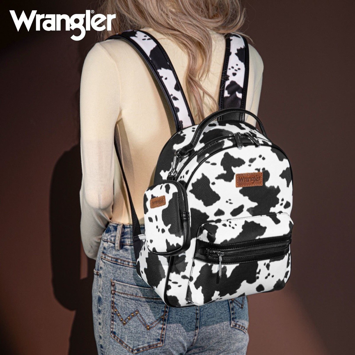Wrangler NWT Cow Print Backpack With Coin Pouch - Black | eBay