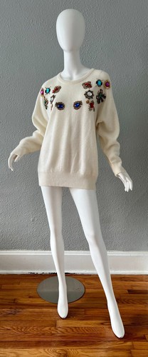 Vintage 80s White Bejeweled ANGORA Oversized WOOL Sweater Top M/L - Picture 10 of 15