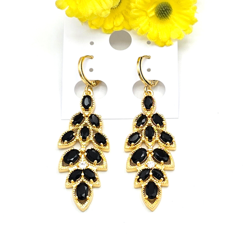 14k Gold Plated Chandelier Cascade Black Crystals Earrings Elegant Oro Laminado - Picture 3 of 4