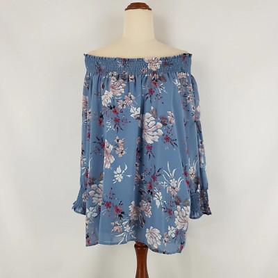 Katies Womens Size 10 Blue Floral Off Shoulder Top Elastic Ruched Top Brand New