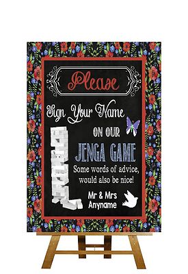 Floral Kreidetafel Stil Jenga Spiel personalisiert Hochzeit Schild