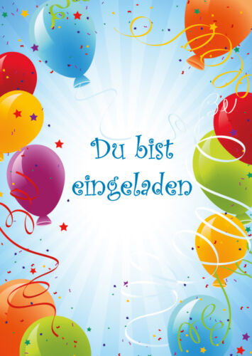 6 bunte Einladungskarten zur Party oder zum  Kindergeburtstag mit Luftballons - Bild 1 von 3