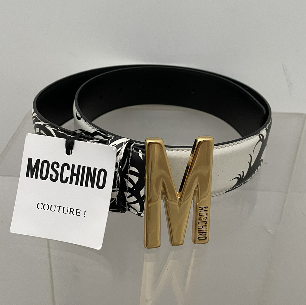 Moschino Couture Jeremy Scott Black White Feather Gold Logo 