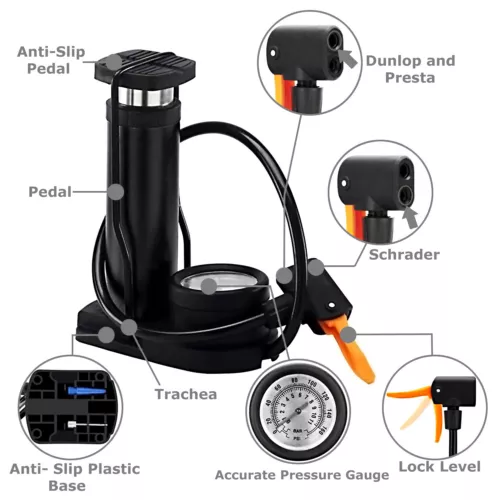 Bike Pump Mini Portable Motor Bicycle Foot Pump Pressure Gauge Tire Air Pump - Picture 3 of 8