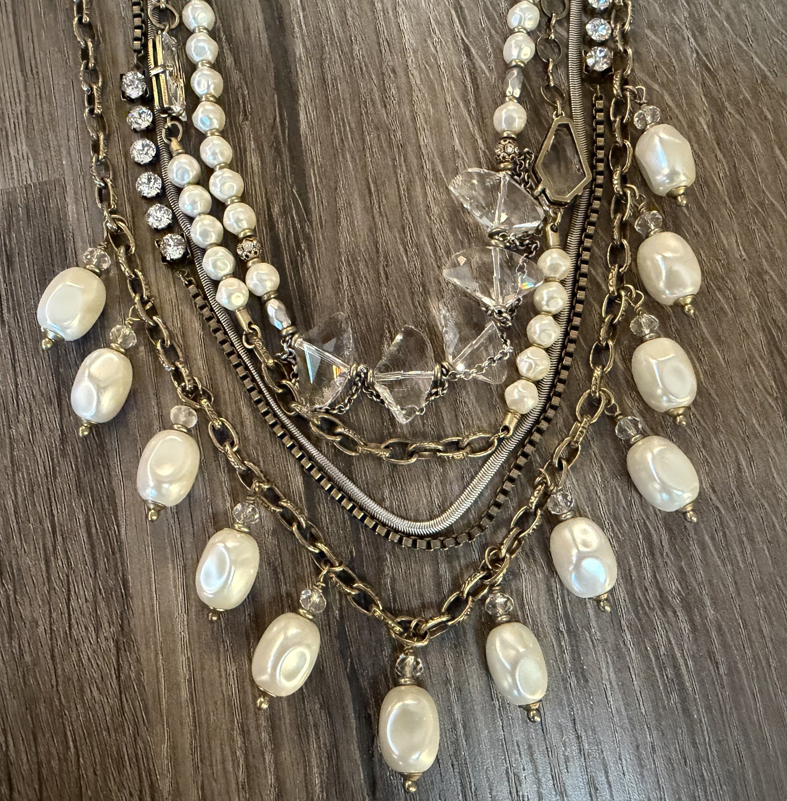 Silpada KR Statement Necklace Kelsey Ryane Pearl Crystal Brass Layered Strands