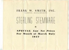 Frank W Smith Sterling Stemware Brochure & Prices Gardner Massachusetts 1937